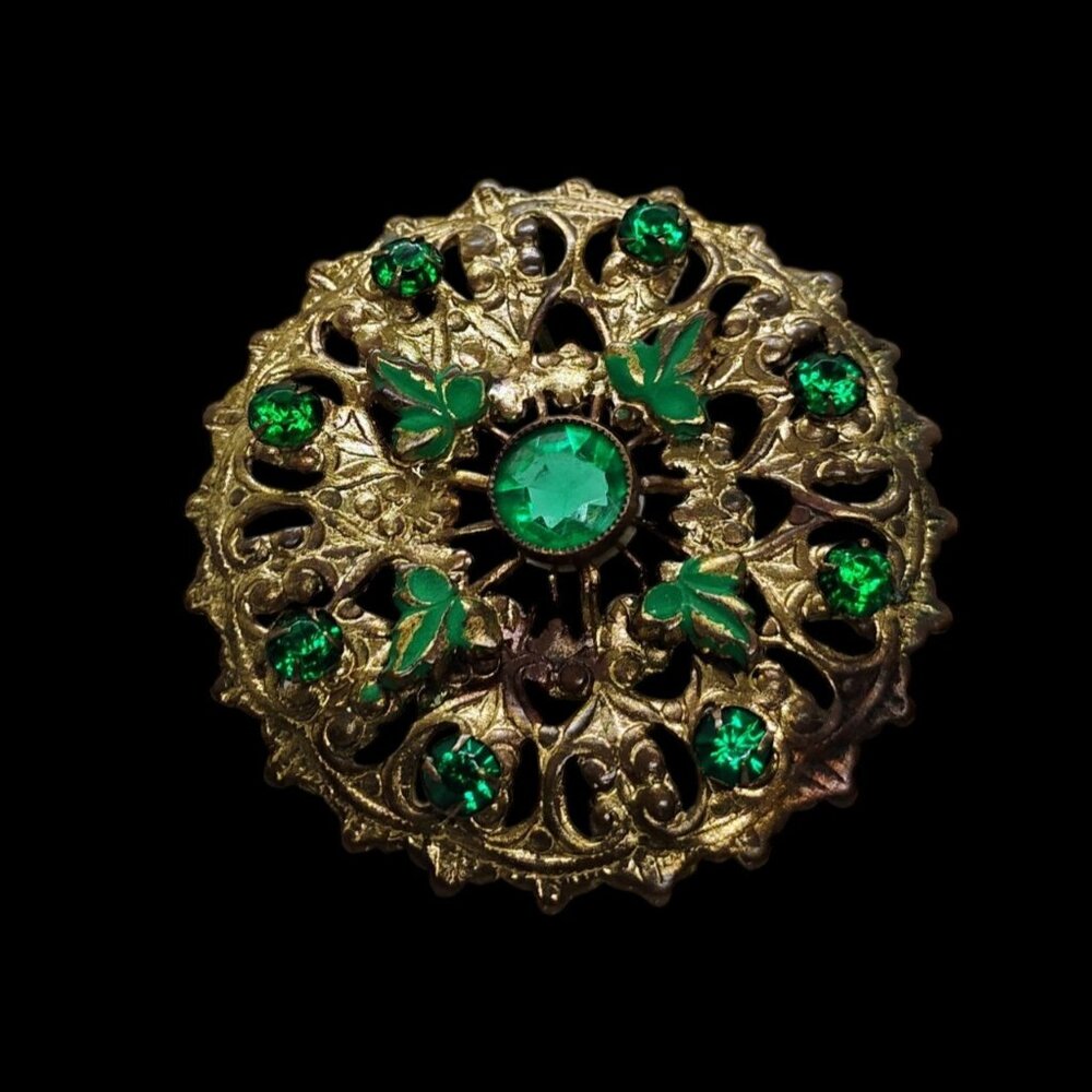 Vintage Gold-Tone Filigree Brooch With Green Rhinestones & Clover Motif 1.5" - Picture 2 of 7